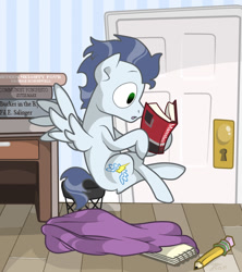 Size: 800x900 | Tagged: safe, artist:trace-101, character:soarin', species:pony, 1984, book, communism, crossed legs, fahrenheit 451, male, novel, old cutie mark, reading, solo, the catcher in the rye