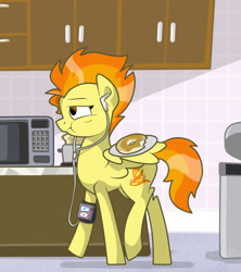 Size: 800x900 | Tagged: safe, artist:trace-101, character:spitfire, species:pegasus, species:pony, donut, earbuds, female, ipod, multitasking, solo, toast, wing hold
