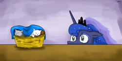 Size: 1350x675 | Tagged: safe, artist:mlj-lucarias, character:princess luna, basket, cat, eyes on the prize, floppy ears, kitten, wide eyes