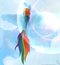 Size: 1024x1118 | Tagged: safe, artist:sonicrainboom93, character:rainbow dash, species:pegasus, species:pony, cloud, female, flying, goggles, lens flare, mare, sky, solo, spread wings, wings