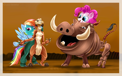 Size: 1250x782 | Tagged: safe, artist:lova-gardelius, character:pinkie pie, character:rainbow dash, species:pony, bipedal, broadway, crossover, pumbaa, puppet, the lion king, timon