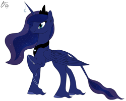 Size: 1280x1027 | Tagged: safe, artist:iraincloud, character:princess luna, species:classical unicorn, lunadoodle, female, horn jewelry, jewelry, leonine tail, raised hoof, simple background, solo, unshorn fetlocks