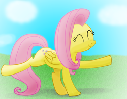 Size: 2250x1750 | Tagged: safe, artist:ciscoql, character:fluttershy, species:pegasus, species:pony, dancing, eyes closed, female, folded wings, grass field, mare, outdoors, raised hoof, raised leg, smiling, solo, wings