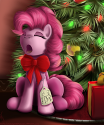 Size: 1000x1200 | Tagged: safe, artist:sonicrainboom93, character:pinkie pie, brony, christmas, christmas tree, eyes closed, female, present, solo, tree, yawn