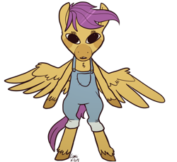 Size: 606x556 | Tagged: safe, artist:comickit, character:scootaloo, species:pegasus, species:pony, bipedal, clothing, female, overalls, solo, unshorn fetlocks, wat