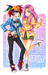 Size: 548x847 | Tagged: safe, artist:semehammer, character:fluttershy, character:rainbow dash, species:human, ship:flutterdash, belt, bow tie, clothing, converse, female, hippieshy, humanized, lesbian, off shoulder, rainbow dash always dresses in style, shipping, shoes, shorts, smiling, suit, sunglasses, tuxedo