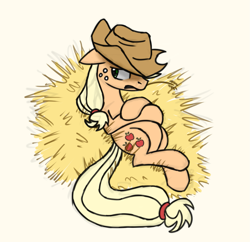 Size: 1617x1564 | Tagged: safe, artist:wolframclaws, character:applejack, crossed hooves, female, hay, on back, solo
