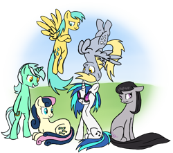 Size: 3735x3300 | Tagged: safe, artist:wolframclaws, character:bon bon, character:derpy hooves, character:dj pon-3, character:lyra heartstrings, character:octavia melody, character:sunshower raindrops, character:sweetie drops, character:vinyl scratch, species:earth pony, species:pegasus, species:pony, species:unicorn, background six, female, high res, mare, simple background, transparent background