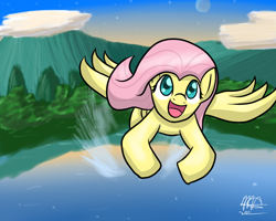 Size: 1280x1024 | Tagged: safe, artist:mister-markers, character:fluttershy, species:pegasus, species:pony, female, flying, lake, looking up, mare, moon, mountain, open mouth, outdoors, smiling, solo, spread wings, wings