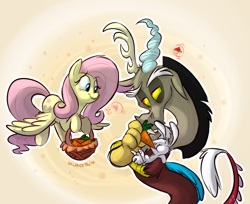 Size: 1234x1009 | Tagged: safe, artist:thedoggygal, character:angel bunny, character:discord, character:fluttershy, basket, carrot, carrying, cute, feeding, food, heart, pet