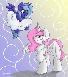 Size: 763x866 | Tagged: safe, artist:luximus17, character:princess celestia, character:princess luna, species:alicorn, species:pony, abstract background, cewestia, cloud, duo, filly, looking at each other, on a cloud, pink-mane celestia, raised hoof, royal sisters, sisters, smiling, spread wings, wings, woona, younger