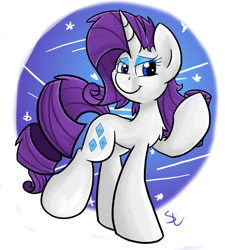 Size: 900x1000 | Tagged: safe, artist:luximus17, character:rarity, species:pony, species:unicorn, chest fluff, female, head turn, looking at you, mare, raised hoof, smiling, solo, standing