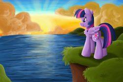 Size: 1800x1200 | Tagged: safe, artist:luximus17, character:twilight sparkle, character:twilight sparkle (alicorn), species:alicorn, species:pony, cliff, female, folded wings, looking at something, looking away, mare, ocean, outdoors, solo, standing, sunset, water, wings