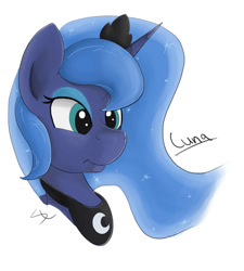 Size: 900x1000 | Tagged: safe, artist:luximus17, character:princess luna, species:alicorn, species:pony, bust, female, mare, name, portrait, simple background, smiling, solo, three quarter view, white background