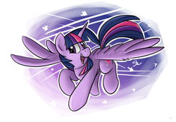 Size: 1076x743 | Tagged: safe, artist:luximus17, character:twilight sparkle, character:twilight sparkle (alicorn), species:alicorn, species:pony, female, flying, head turn, looking at you, mare, open mouth, outline, smiling, solo, spread wings, white outline, wings