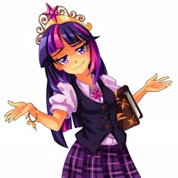 Size: 2497x2497 | Tagged: safe, artist:semehammer, character:twilight sparkle, character:twilight sparkle (alicorn), species:alicorn, species:human, big crown thingy, book, bracelet, clothing, elements of harmony, female, humanized, jewelry, looking at you, school uniform, schoolgirl, shirt, shrug, shrugpony, simple background, skirt, smug, smuglight sparkle, solo, tiara, vest, white background