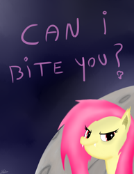 Size: 1488x1925 | Tagged: safe, artist:katsu, character:flutterbat, character:fluttershy, female, looking at you, meme, moon, solo