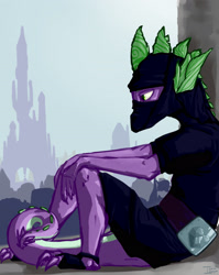Size: 2700x3400 | Tagged: safe, artist:cuttledreams, character:spike, species:anthro, clothing, costume, male, ninja, older, sitting, solo