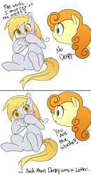 Size: 653x1258 | Tagged: safe, artist:the-orator, character:carrot top, character:derpy hooves, character:golden harvest, species:pegasus, species:pony, derpception, doom: repercussions of evil, eating, female, mare, nom, paper