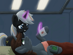Size: 1980x1485 | Tagged: safe, artist:shikogo, oc, oc only, oc:littlepip, oc:velvet remedy, species:pony, species:unicorn, fallout equestria, bandage, blood, fanfic, fanfic art, female, glowing horn, hooves, horn, levitation, lying down, magic, mare, pipbuck, smiling, teeth, telekinesis