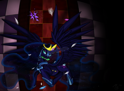 Size: 1500x1105 | Tagged: safe, artist:ciscoql, character:nightmare moon, character:princess luna, species:alicorn, species:pony, abstract background, accessory swap, bedroom eyes, biting, broken, crown, elements of harmony, feather, female, flying, lidded eyes, looking at you, magic, mare, mouth hold, nom, smirk, solo, spread wings, telekinesis, wings