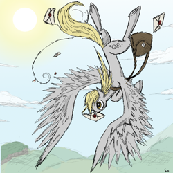 Size: 1000x1000 | Tagged: safe, artist:php15, character:derpy hooves, species:pegasus, species:pony, big wings, cloud, female, flying, letter, mail, mailbag, mailmare, mare, mouth hold, sky, solo, sun, wings