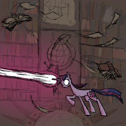 Size: 2000x2000 | Tagged: safe, artist:php15, character:twilight sparkle, fight, glowing eyes, high res, library, magic, magic blast