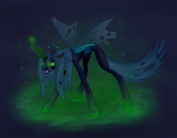 Size: 2954x2300 | Tagged: safe, artist:wolframclaws, character:queen chrysalis, species:changeling, changeling queen, fangs, female, glowing horn, high res, open mouth, solo, standing