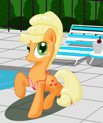 Size: 2000x2394 | Tagged: safe, artist:midwestbrony, character:applejack, species:earth pony, species:pony, alternate hairstyle, bikini, clothing, female, high res, orangejack, raised hoof, solo, swimming pool, swimsuit