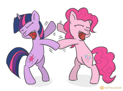 Size: 992x736 | Tagged: safe, artist:muffinexplosion, character:pinkie pie, character:twilight sparkle, species:pony, bipedal, eyes closed, hoofy-kicks, open mouth, sissy slap fight, tongue out