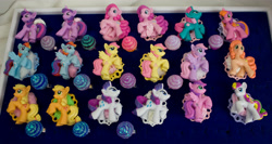 Size: 4187x2232 | Tagged: safe, artist:bluepaws21, character:applejack, character:coconut cream, character:fluttershy, character:pinkie pie, character:rainbow dash, character:rarity, character:sky wishes, character:sweetsong, character:twilight sparkle, g3, beachberry, blind bag, custom, g3 to g4, gardenia glow, generation leap, irl, mane six, peachy pie, photo, ring, toy