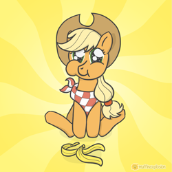 Size: 1013x1013 | Tagged: safe, artist:muffinexplosion, character:applejack, banana, cute, eating, female, sitting, solo