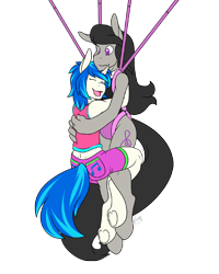 Size: 640x800 | Tagged: safe, artist:rozga, character:dj pon-3, character:octavia melody, character:vinyl scratch, species:anthro, species:unguligrade anthro, clothing, eyes closed, open mouth, parachute, simple background, skydiving, transparent background, underhoof