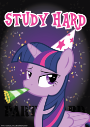 Size: 2000x2830 | Tagged: safe, artist:casualcolt, character:twilight sparkle, character:twilight sparkle (alicorn), species:alicorn, species:pony, clothing, female, hat, mare, party hat, party horn, solo, study