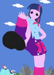 Size: 1700x2358 | Tagged: safe, artist:final7darkness, character:twilight sparkle, my little pony:equestria girls, bow tie, city, clothing, crush fetish, destruction, giantess, macro, megaman, request, requested art, skirt, stomp, stomping