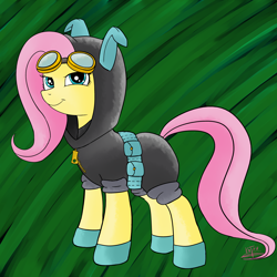 Size: 4000x4000 | Tagged: safe, artist:katsu, character:fluttershy, :), bunny ears, clothing, dangerous mission outfit, female, goggles, green background, simple background, socks, solo, suit