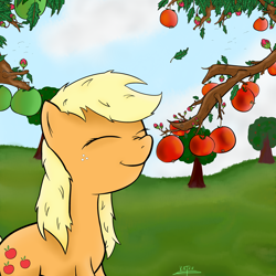Size: 2000x2000 | Tagged: safe, artist:katsu, character:applejack, species:bird, apple, apple tree, cloud, cloudy, cute, eyes closed, female, grass, hatless, jackabetes, missing accessory, smelling, smiling, sniffing, snorting, solo, tree