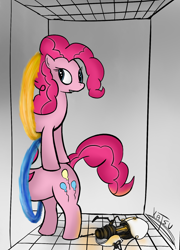 Size: 1292x1796 | Tagged: safe, artist:katsu, character:pinkie pie, crossover, now you're thinking with portals, portal, portal (valve), portal gun
