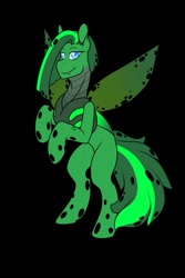 Size: 853x1280 | Tagged: safe, artist:rozga, oc, oc only, oc:jade aurora, species:changeling, badge, female, green changeling, hole, holes, smug, solo, wings