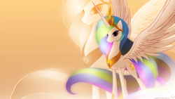 Size: 1920x1080 | Tagged: safe, artist:mithandir730, artist:nemesis360, character:princess celestia, species:alicorn, species:pony, dem wings, female, lidded eyes, looking at you, pretty, smiling, solo, spread wings, vector, wallpaper, wings