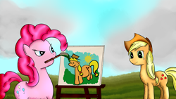 Size: 1920x1080 | Tagged: safe, artist:katsu, character:applejack, character:pinkie pie, apejak, brush, clothing, cloud, cloudy, drawing, grass, hat, painting, pinkie's painting, shipping