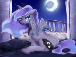 Size: 800x600 | Tagged: safe, artist:nabe, character:princess luna, crescent moon, crying, female, sad, sitting, solo