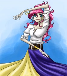Size: 2511x2842 | Tagged: safe, artist:tao-mell, character:pinkie pie, species:human, bracelet, clothing, female, high res, humanized, jewelry, long skirt, romani, skinny, skirt, solo