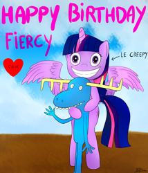 Size: 1500x1750 | Tagged: safe, artist:katsu, character:twilight sparkle, character:twilight sparkle (alicorn), species:alicorn, species:pony, bipedal, crossover, female, happy birthday, happy tree friends, heart, le, lumpy, mare, this will end in tears and/or death