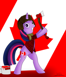 Size: 1500x1750 | Tagged: safe, artist:katsu, character:twilight sparkle, species:pony, axe, bipedal, bucket, canada, canadian, clothing, cutie mark, female, flag, hat, lumberjack, paint, paint on fur, painting, scarf, solo, stereotype, ushanka