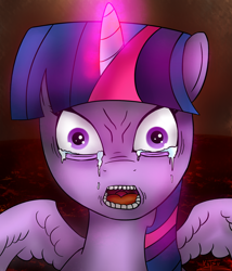 Size: 1500x1750 | Tagged: safe, artist:katsu, character:twilight sparkle, character:twilight sparkle (alicorn), species:alicorn, species:pony, crying, female, fire, horn, lava, magic, mare, revenge of the sith, solo, wings