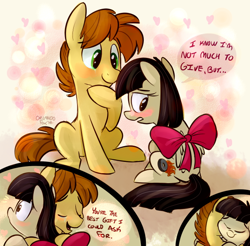 Size: 600x591 | Tagged: safe, artist:thedoggygal, character:wild fire, oc, oc:mandopony, adorkable, blushing, bow, cute, dawwww, dialogue, dork, eyes closed, female, frown, heart, heartwarming, hnnng, hug, male, mandofire, open mouth, shipping, sitting, smiling, straight, wide eyes