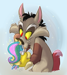 Size: 917x1029 | Tagged: safe, artist:thedoggygal, character:discord, character:princess celestia, species:bird, birdified, boop, cat, catified, crossover, fangs, frown, holding, looney tunes, open mouth, scared, smirk, species swap, sylvester, tongue out, tweety bird, wide eyes