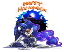 Size: 680x556 | Tagged: dead source, safe, artist:lova-gardelius, character:pipsqueak, character:princess luna, ship:lunapip, female, halloween, male, phantom of the opera, prone, shipping, smiling, straight, wink