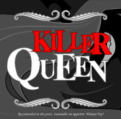 Size: 600x589 | Tagged: safe, artist:the-orator, character:queen chrysalis, species:changeling, album cover, female, killer queen, queen (band), smiling, solo, text